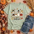 Kids sage green crew-neck T-shirt with turkey family graphic and “just a thankful goose”
