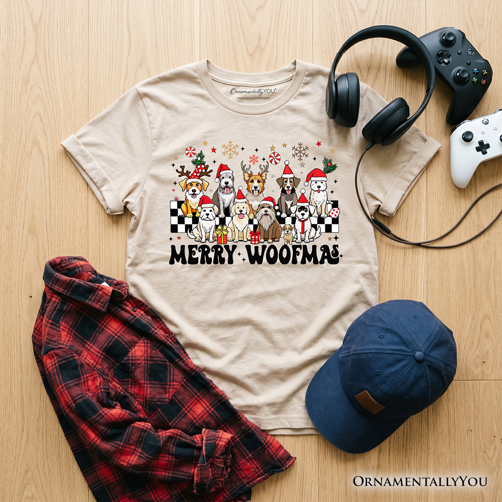Sand kids dog Christmas T-shirt with Santa hats and “Merry Woofmas” graphic