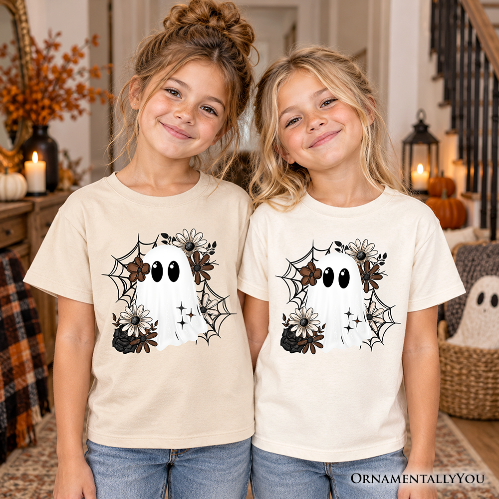 Kids natural beige T-shirts with ghost face, flowers, and spiderweb prints
