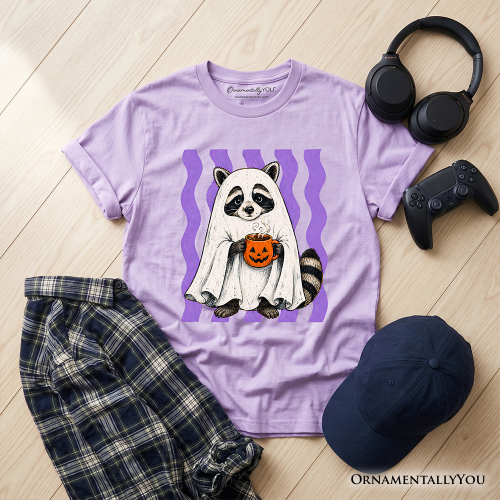 Kids Halloween raccoon ghost pumpkin T-shirt, lavender flat lay on wood background