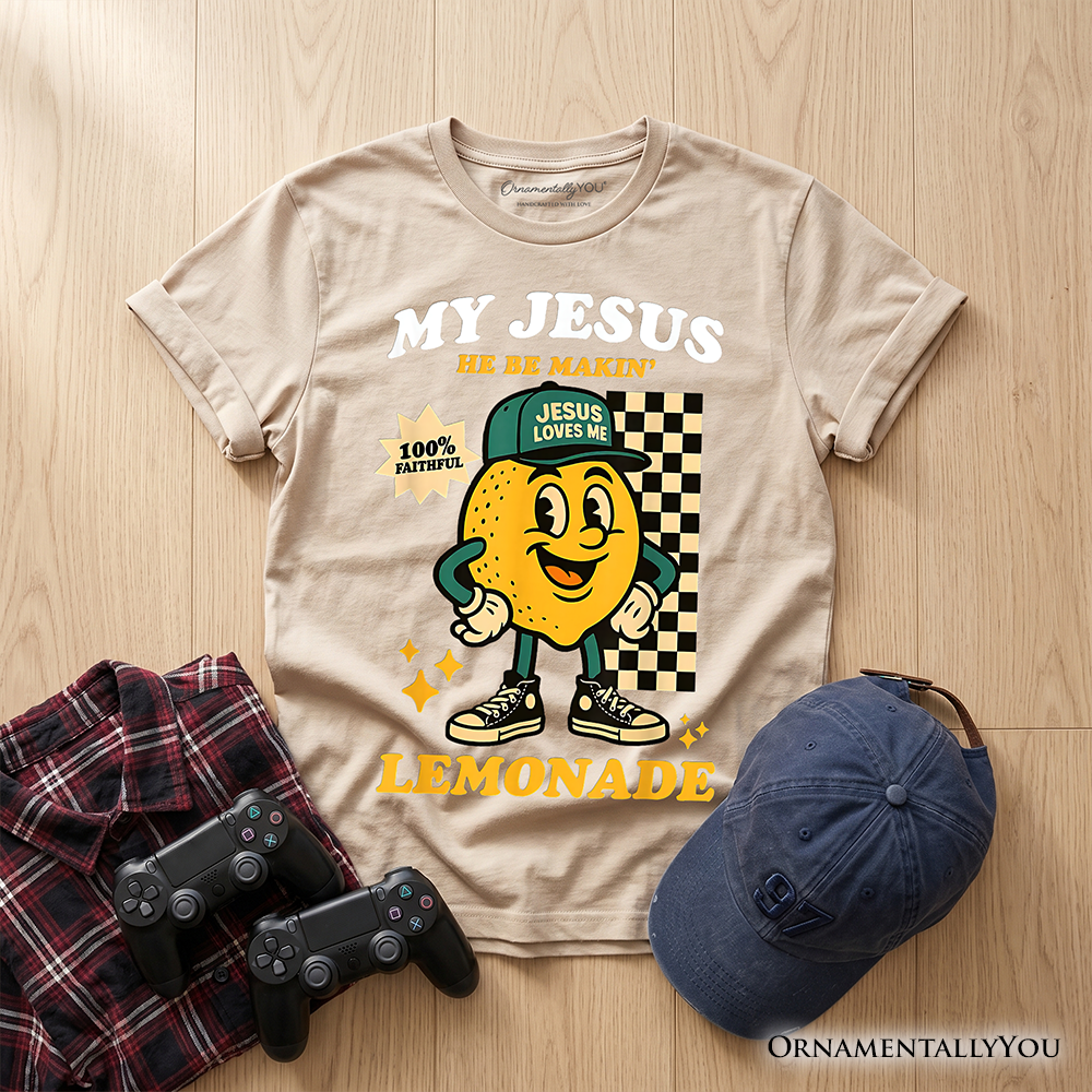 Kids graphic T-shirt in sand with Jesus lemon theme and retro lettering