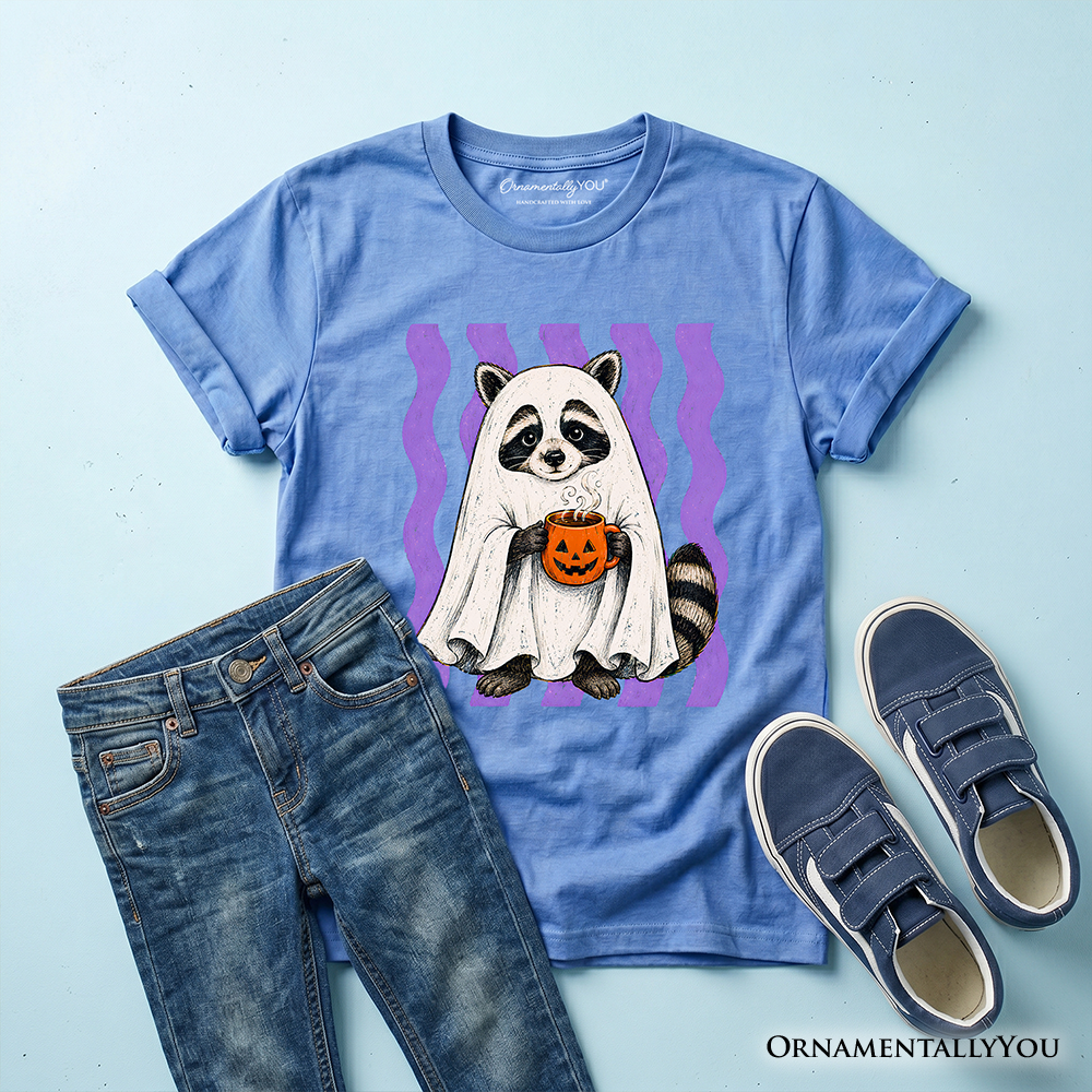 Kids Halloween raccoon ghost pumpkin T-shirt, light blue flat lay with jeans and shoes