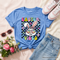 Kids Easter graphic T-shirt, blue crew neck with bunny “Easter Vibes” print