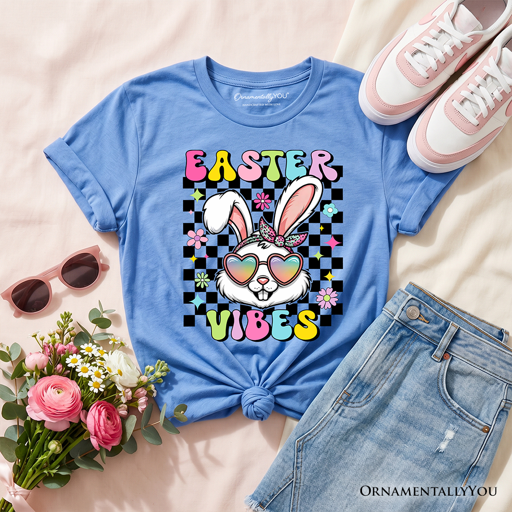Kids Easter graphic T-shirt, blue crew neck with bunny “Easter Vibes” print