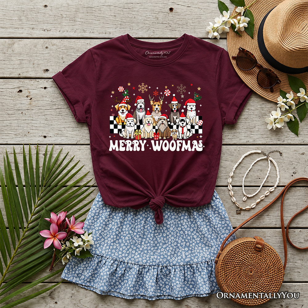 Maroon kids dog Christmas T-shirt with Santa hats and “Merry Woofmas” graphic