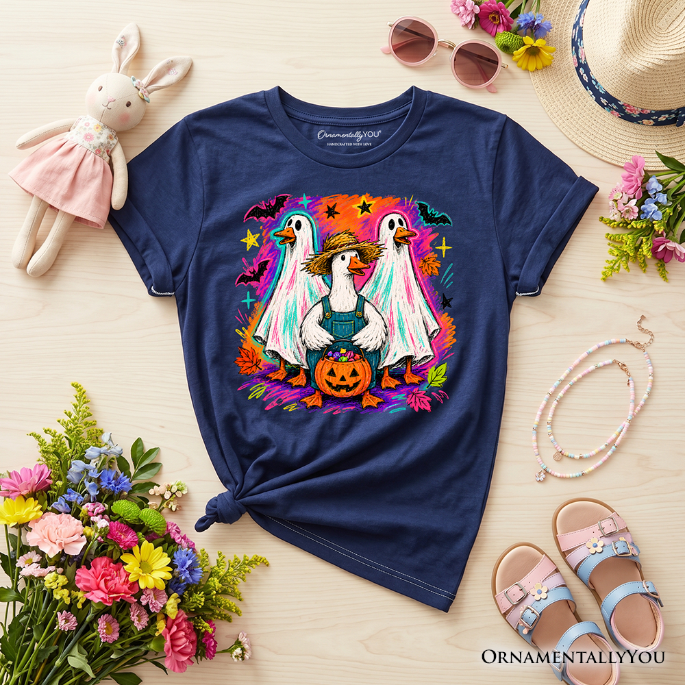 Kids Halloween t-shirt in navy blue with colorful geese and jack-o'-lantern graphic