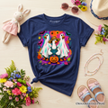 Kids Halloween t-shirt in navy blue with colorful geese and jack-o'-lantern graphic