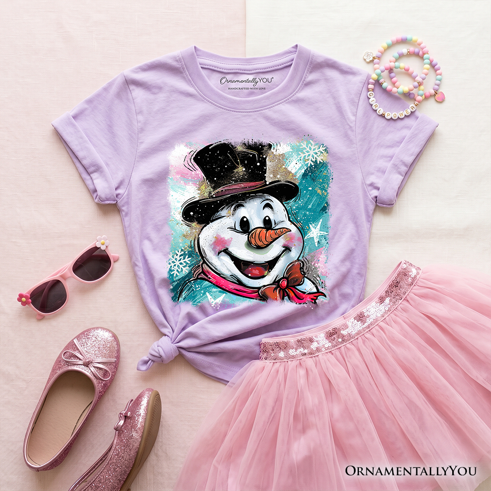 Violet kids t-shirt flat lay with glitter snowman face graphic