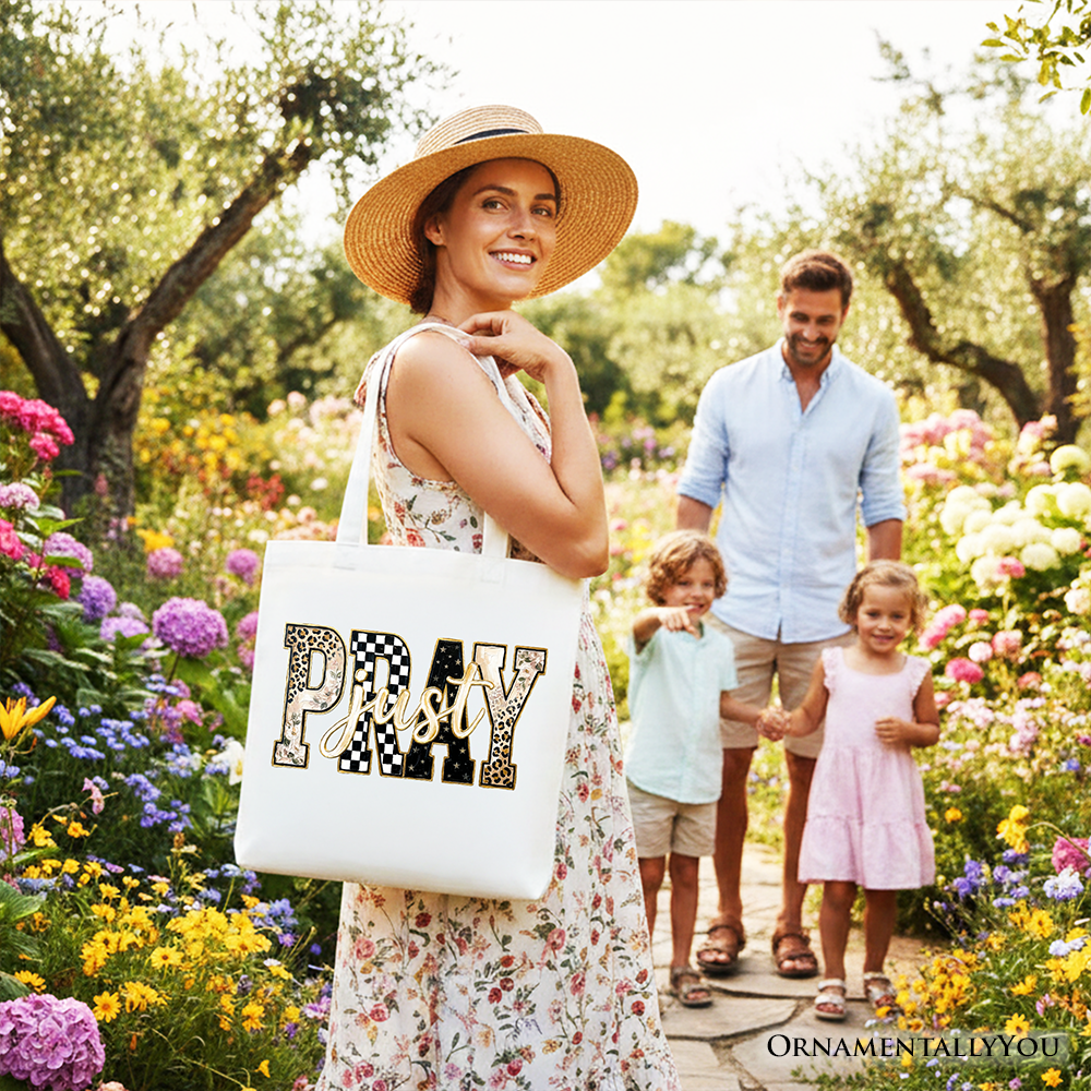 White tote bag with “Pray” patchwork graphic centered on the front
