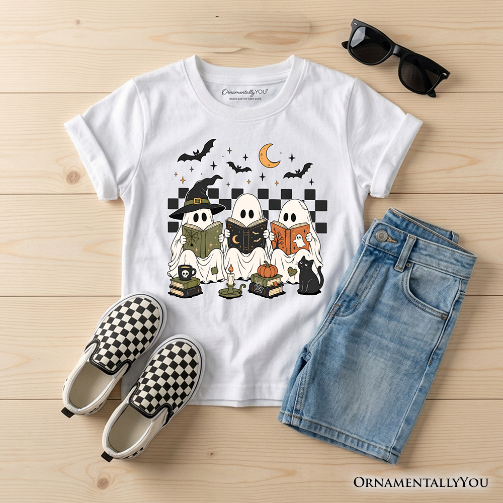 Kids white reading ghosts T-shirt with witch cat, checkerboard border, and pumpkin