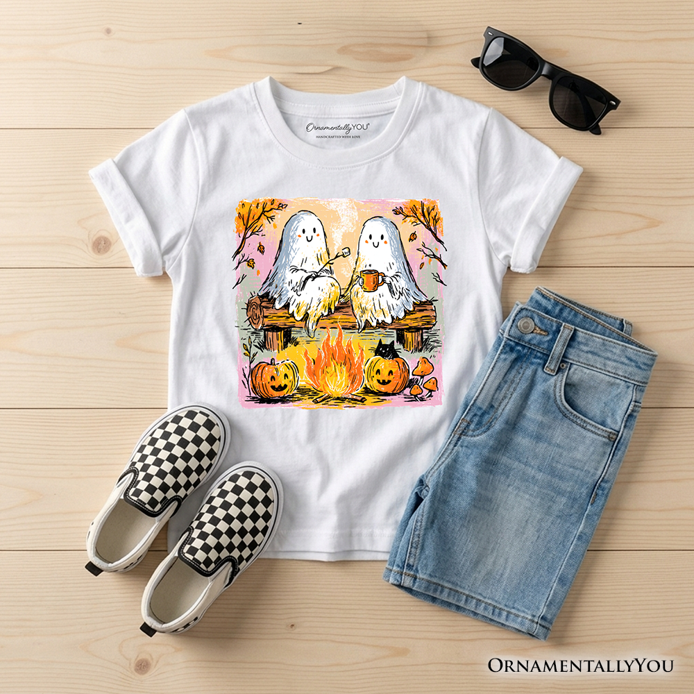 White kids T-shirt with ghost campfire and pumpkin graphic