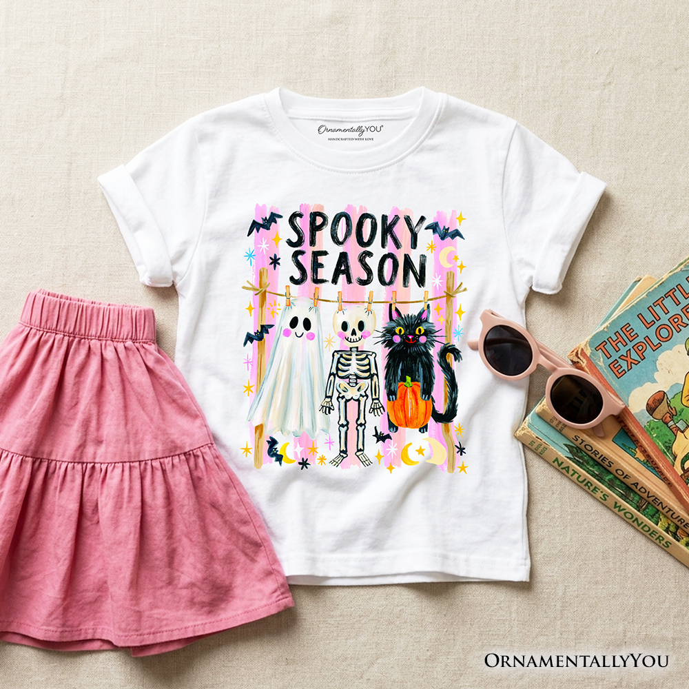 White kids spooky season graphic T-shirt with colorful “Spooky Season” front design