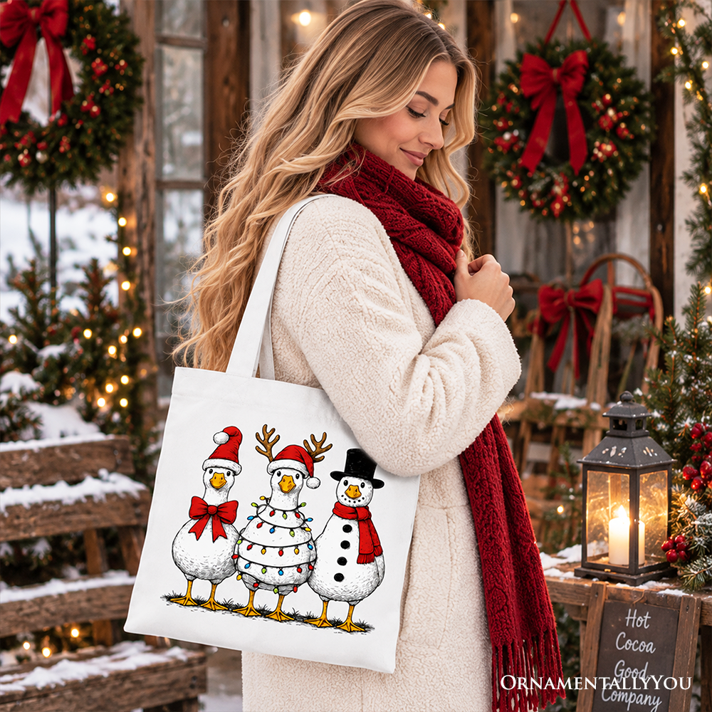 Holiday tote bag with three cartoon snowmen in red hats and scarves, beige handles
