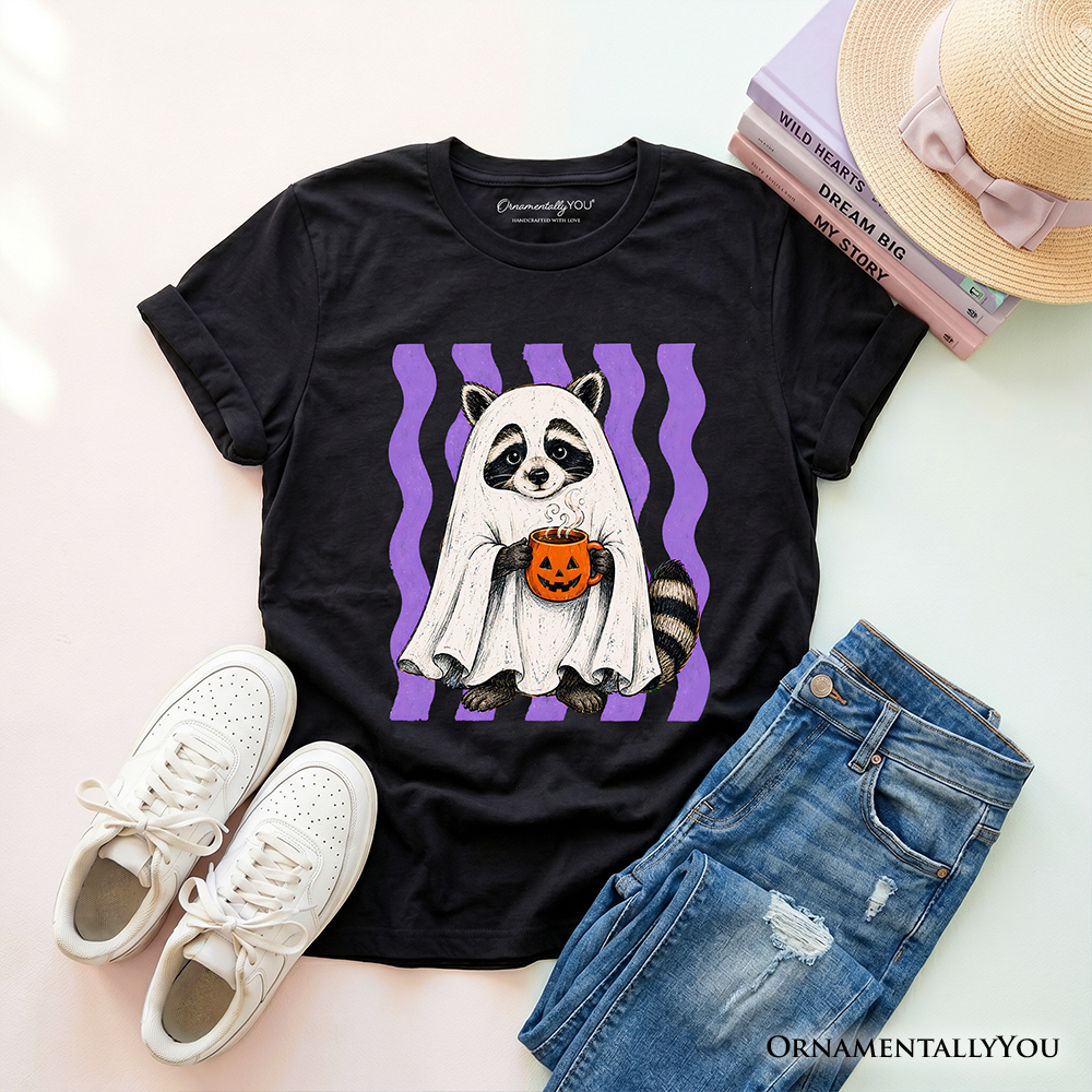 Kids black t-shirt with ghost raccoon and jack-o'-lantern graphic