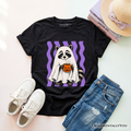 Kids black t-shirt with ghost raccoon and jack-o'-lantern graphic