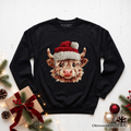 Black Christmas sweatshirt with highland cow face wearing red Santa hat