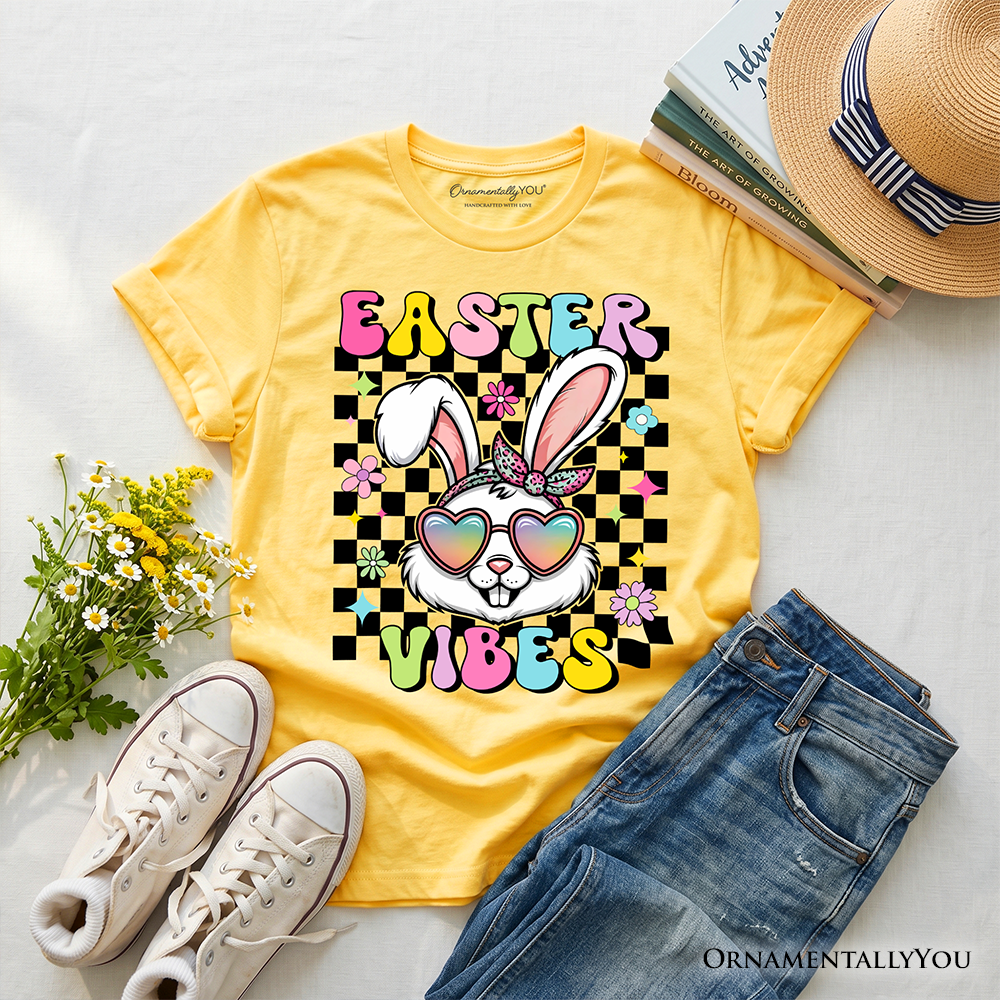 Kids yellow Easter bunny graphic T-shirt with groovy checker text