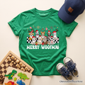 Kids green dog Christmas T-shirt with Santa hats and Merry Woofmas graphic
