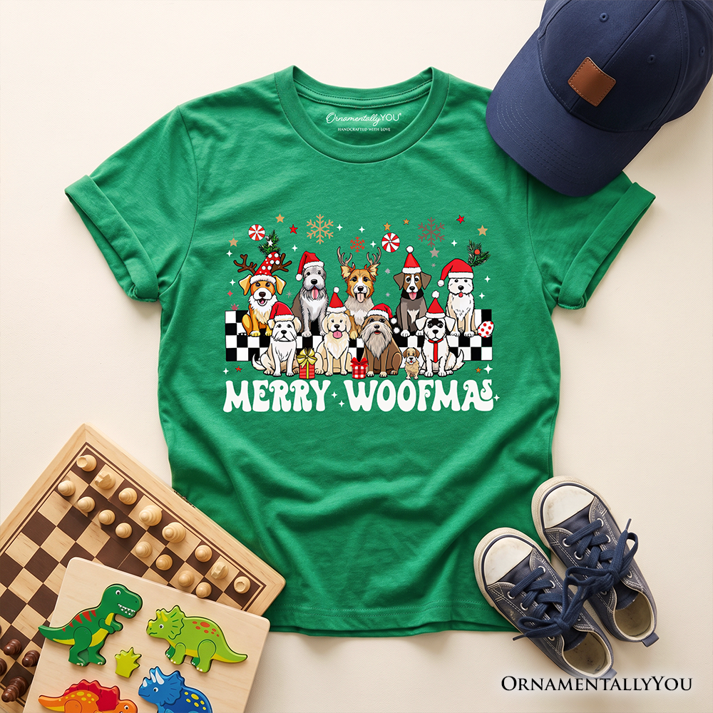 Kids green dog Christmas T-shirt with Santa hats and Merry Woofmas graphic