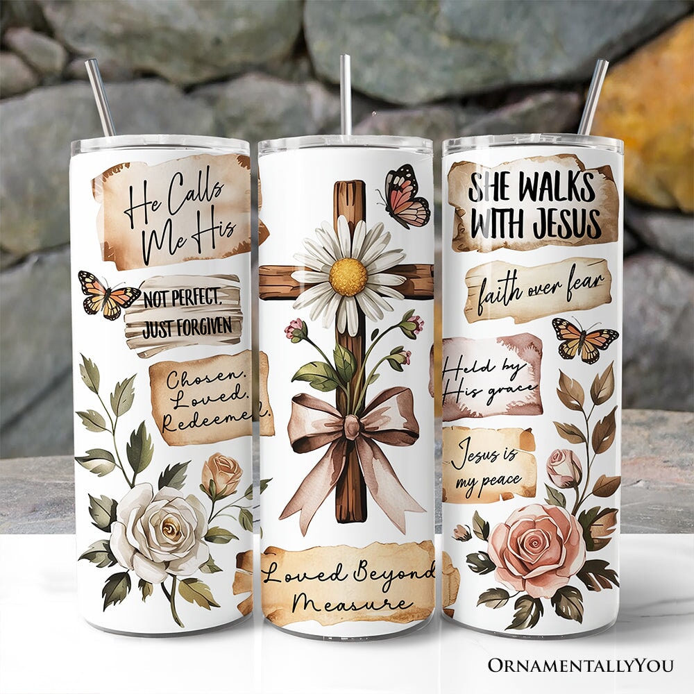 Christian tumbler with lid and straw, vintage floral butterfly and cross quote graphic