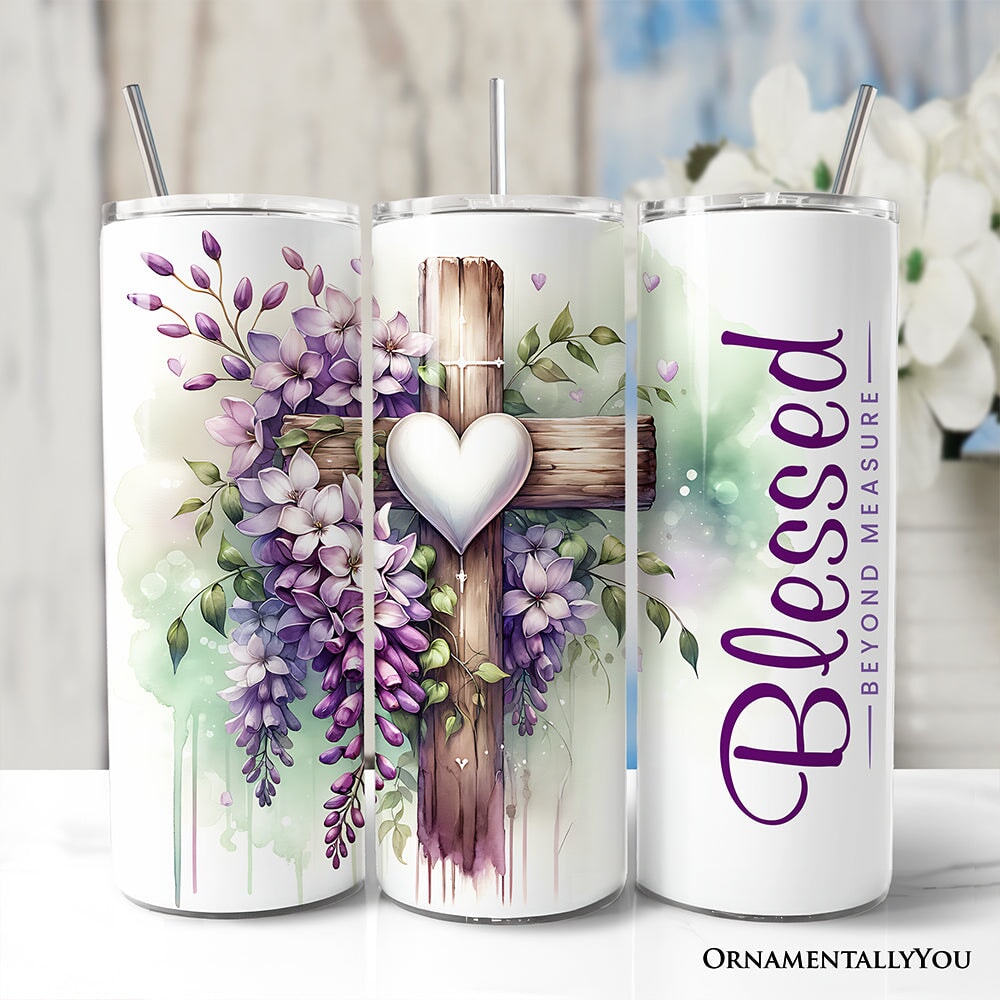Set of three purple wisteria tumblers with lids and stainless straws, cross art