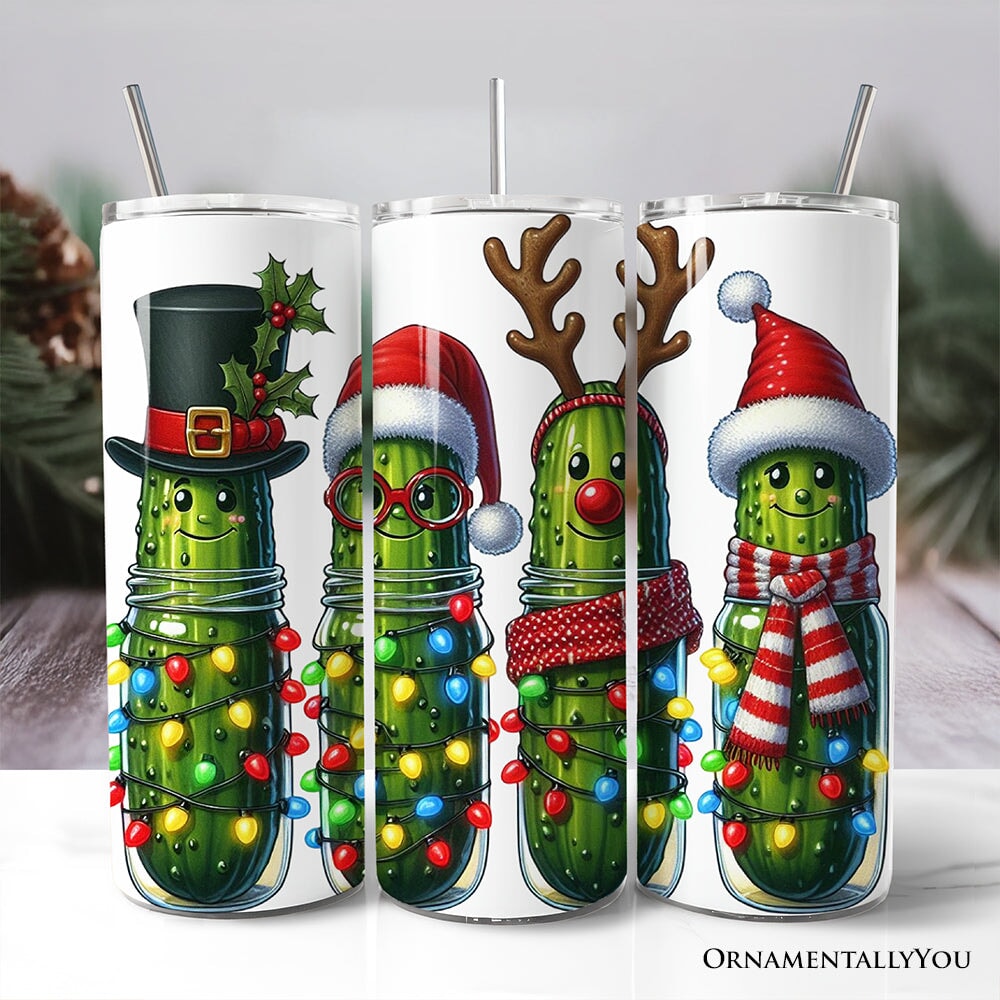 Personalized 20oz Christmas tumbler with lid and stainless straw, green pickle holiday scene