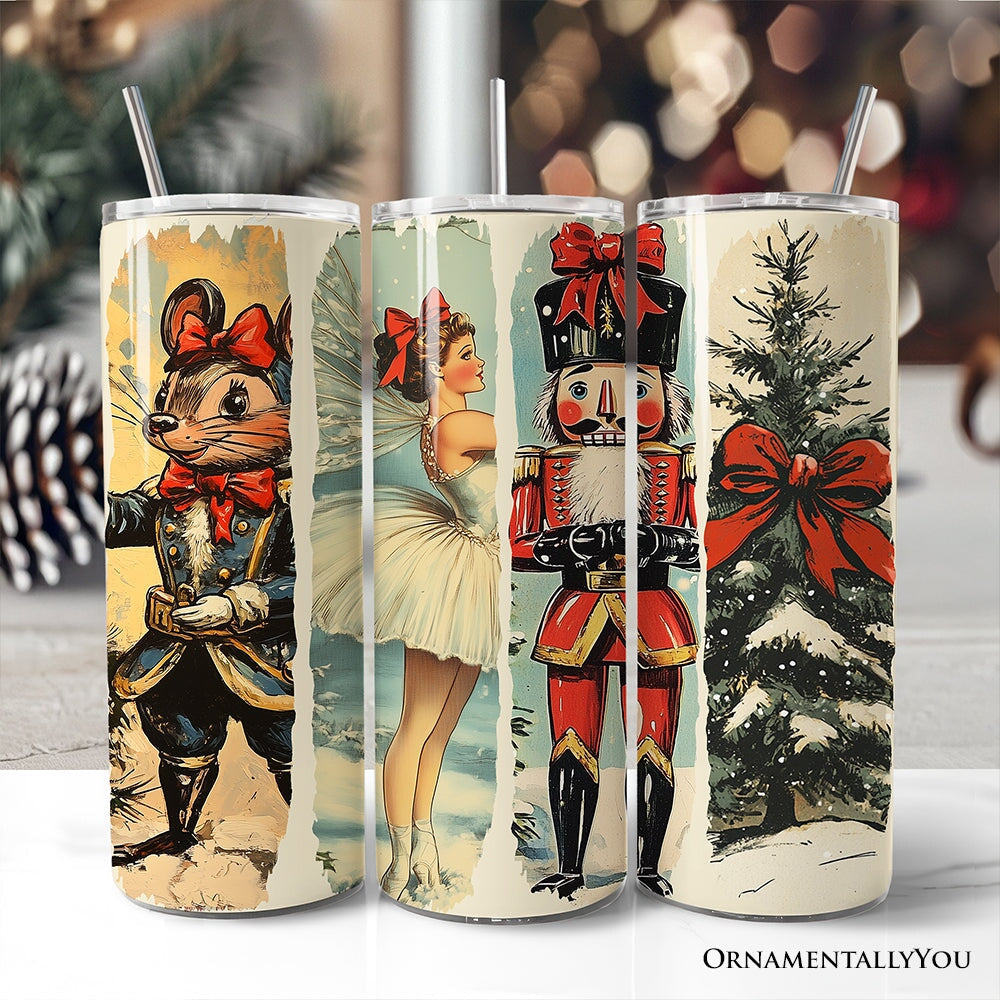 Insulated tumbler with lid and silver straw, vintage ballet dancer and nutcracker graphics