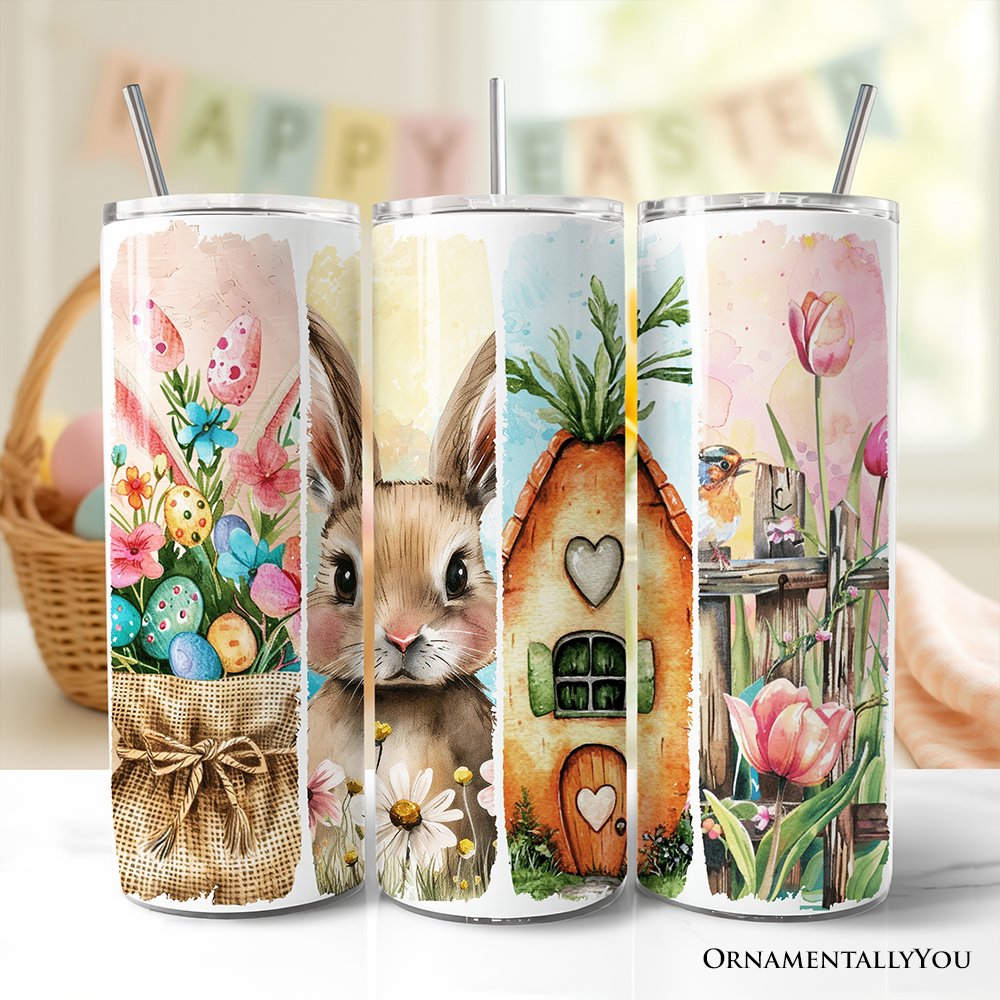 Rabbit and spring florals tumbler with clear lid and stainless straw, pastel