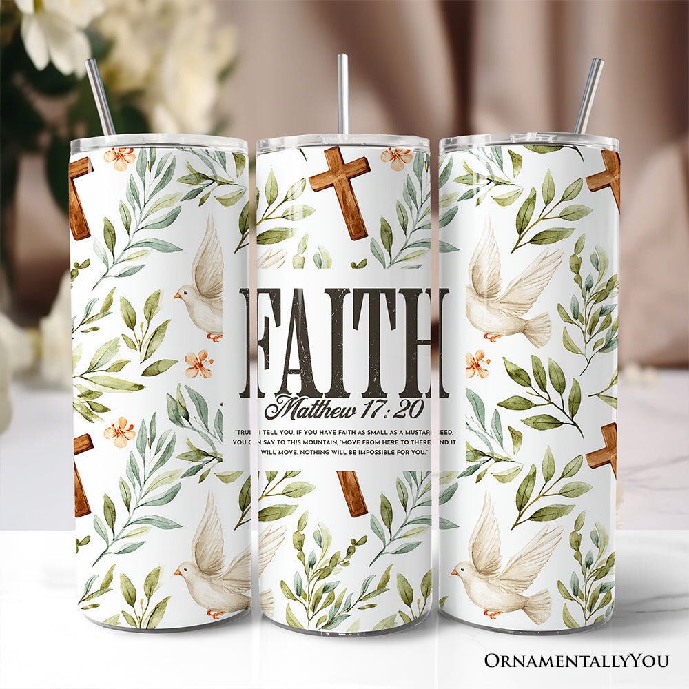 Faith tumbler with lid, stainless straw; white with leaf, dove, and cross print
