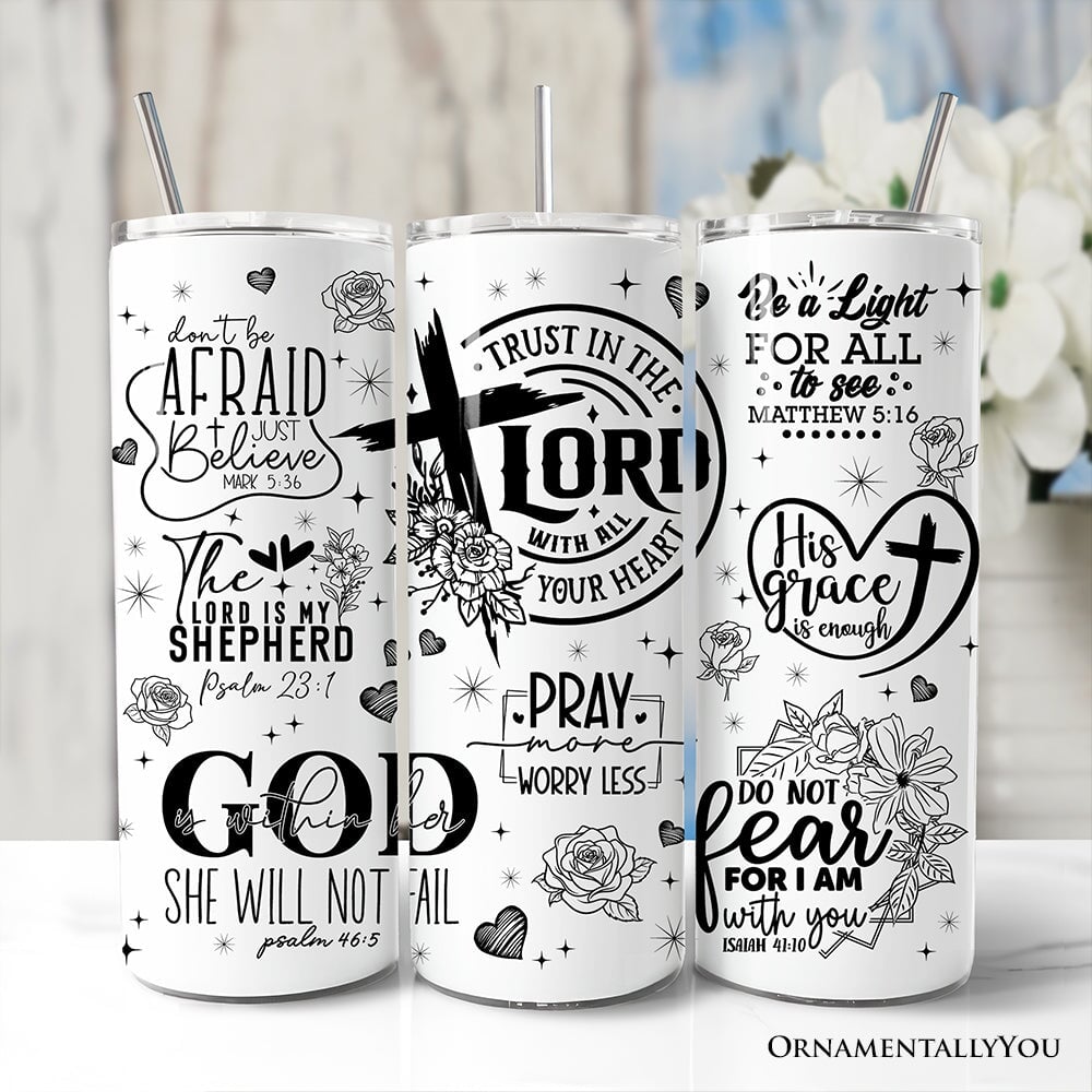 Three white 20oz tumblers with lids and stainless steel straws, floral Christian verse artwork