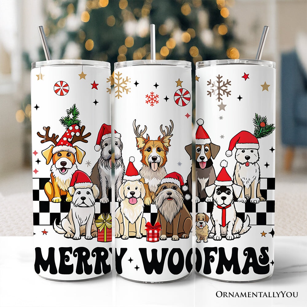 Personalized 20 oz tumbler with lid and straw, Isabella name and woofmas dog scene