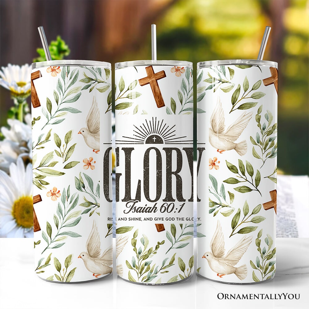 20oz Christian tumbler with lid and stainless straw, white with birds, leaves, and Glory text
