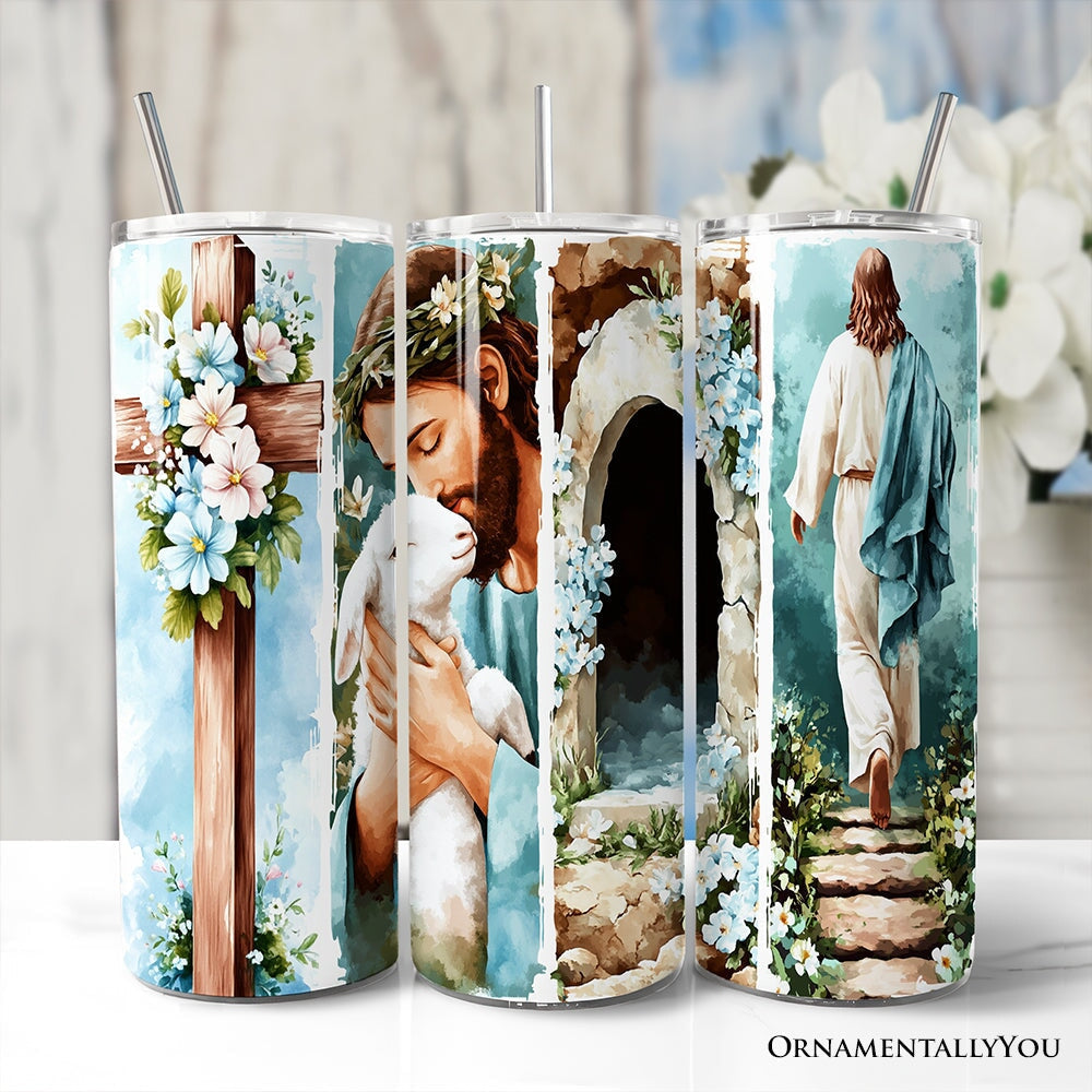 Set of three Easter blue tumblers with lids and stainless straws, floral portrait print.