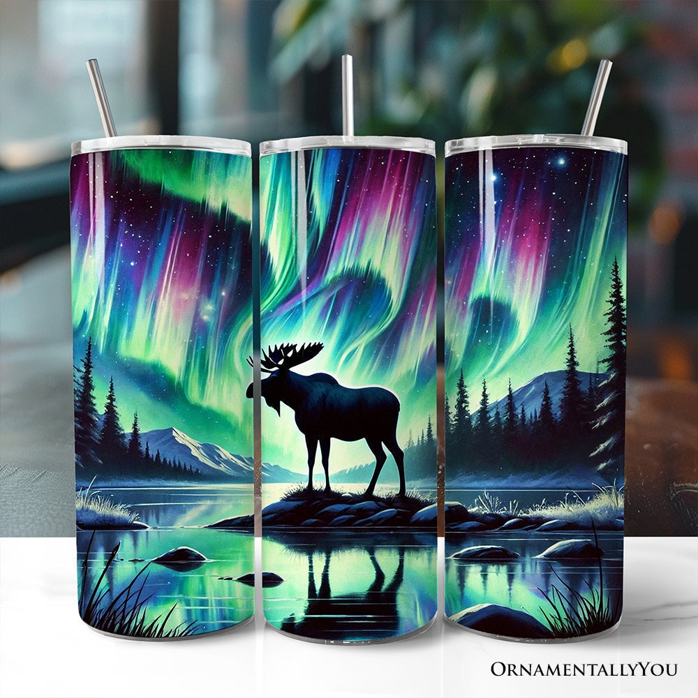 20oz stainless steel tumbler set with lids and stainless straws, aurora moose design