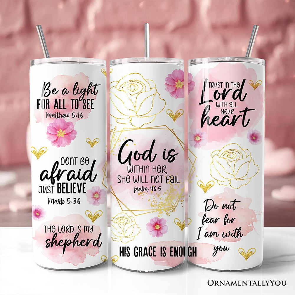 Set of three pink floral Christian tumblers with lids and stainless steel straws