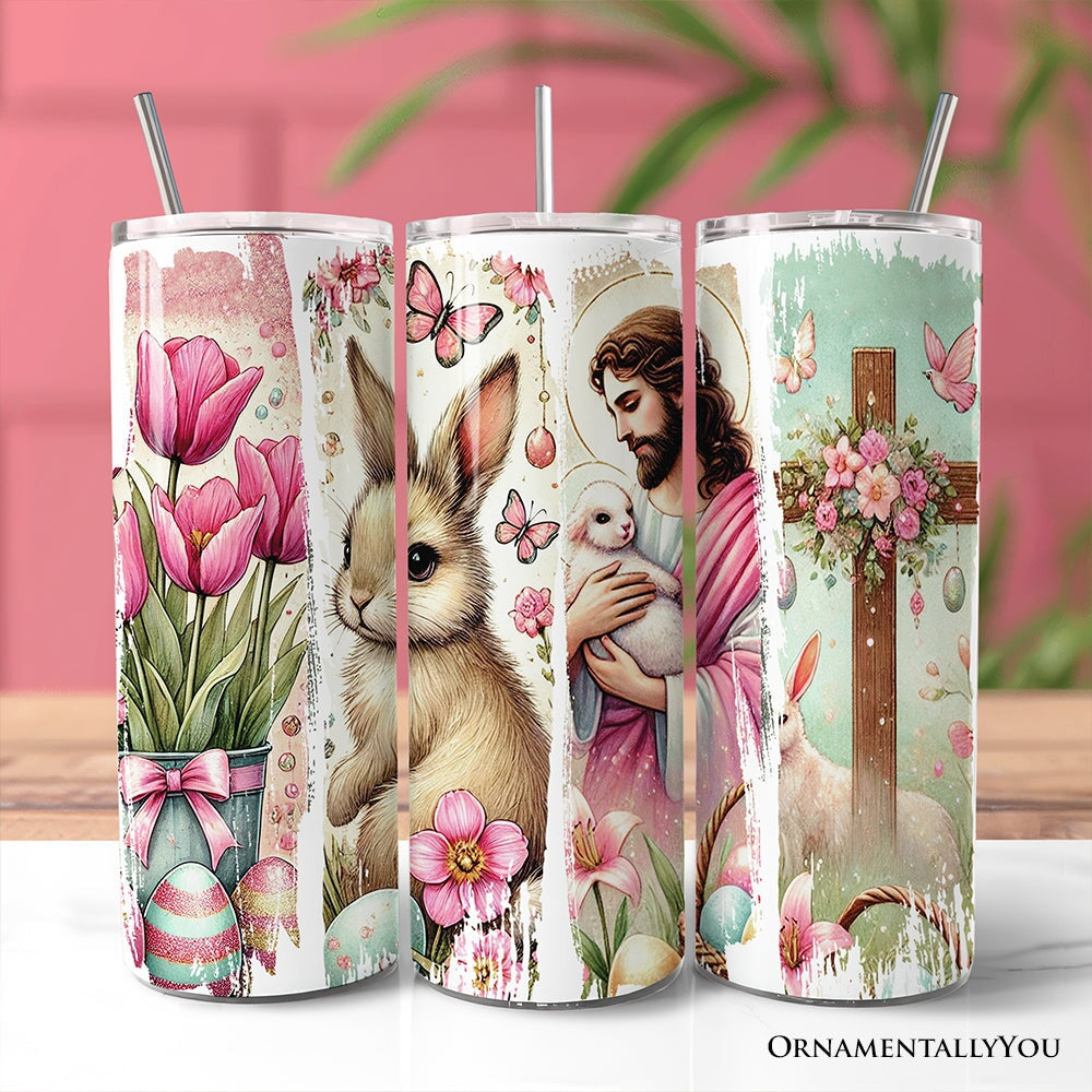 20oz Easter tumbler set with lid and stainless straw, rabbit, Jesus, and tulip graphics