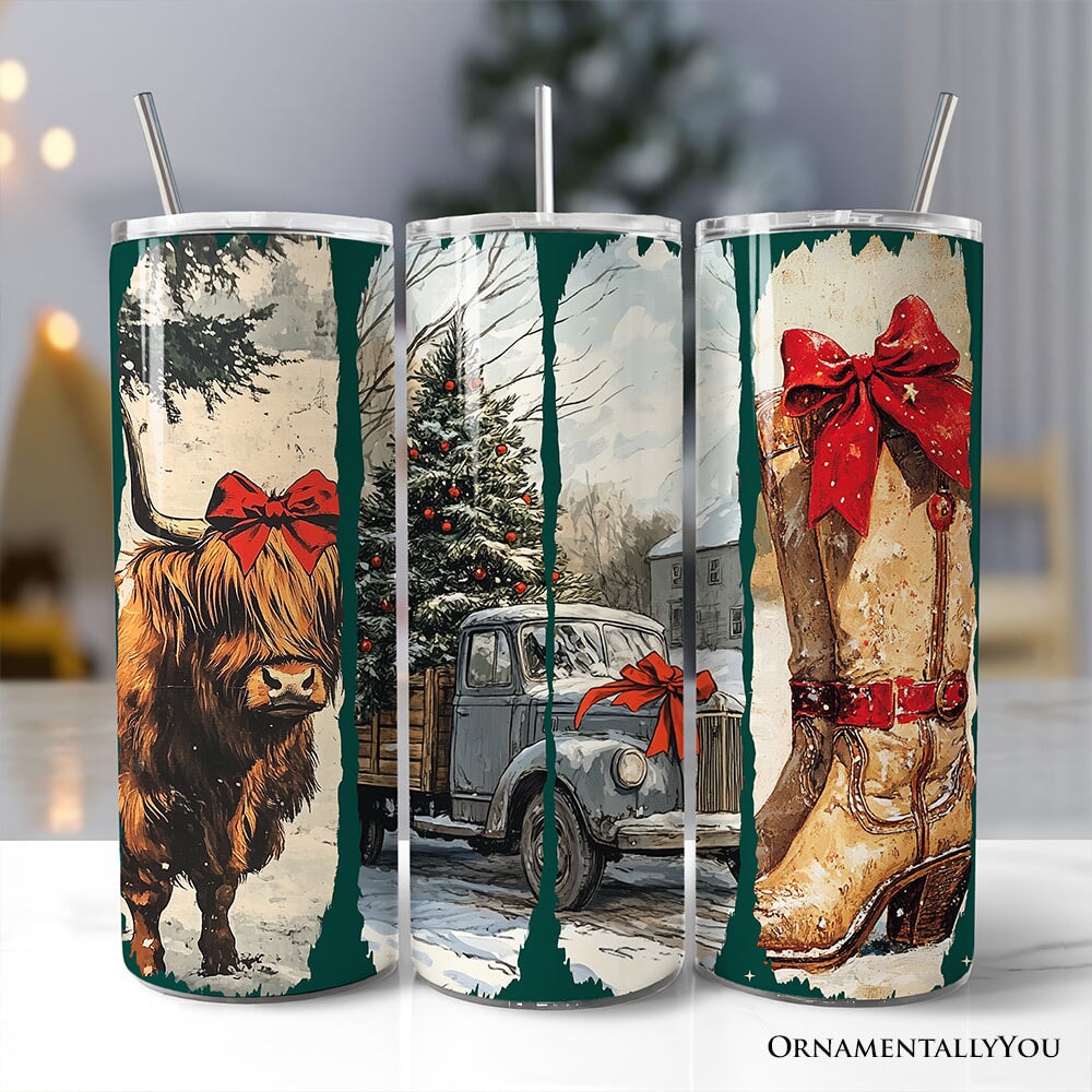 20oz personalized tumbler with lid and straw, Highland cow and truck holiday design