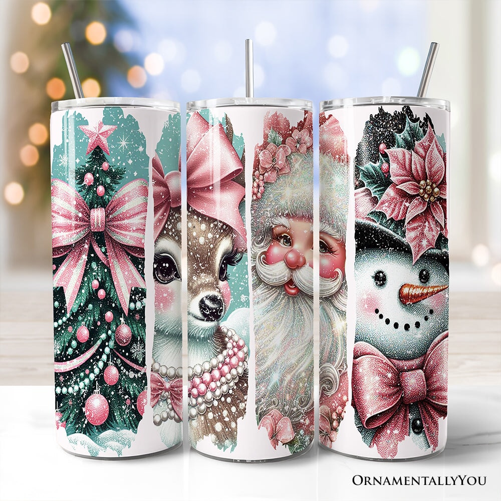 Personalized Christmas tumbler with lid and stainless straw, Santa and snowman artwork