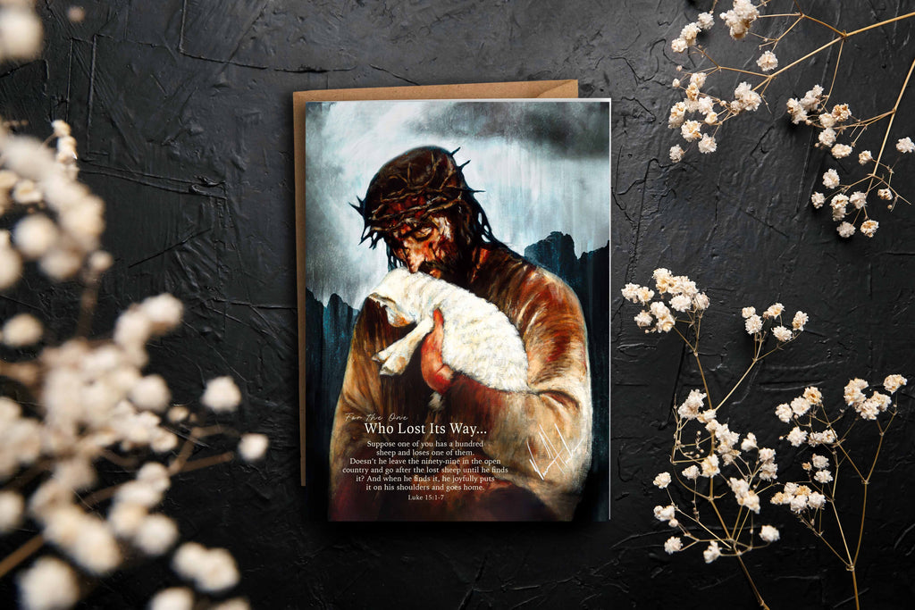 Greeting card front with person and white lamb, titled 'Who Lost Its Way...'.