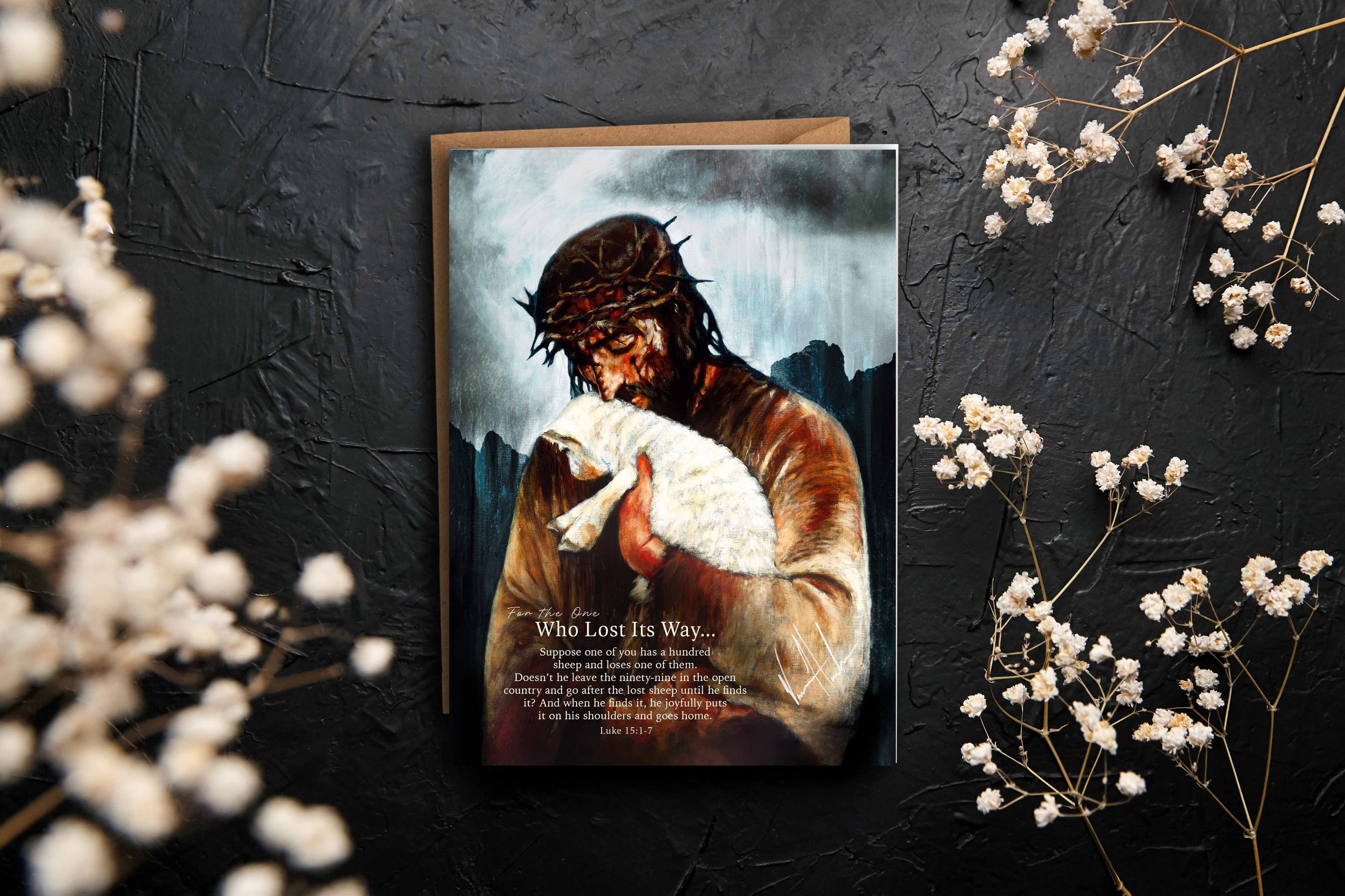 Greeting card front with person and white lamb, titled 'Who Lost Its Way...'.