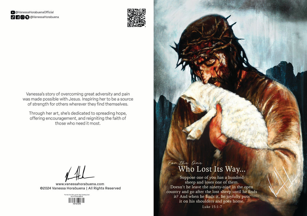 Greeting card back with QR code, barcode, and printed message text.