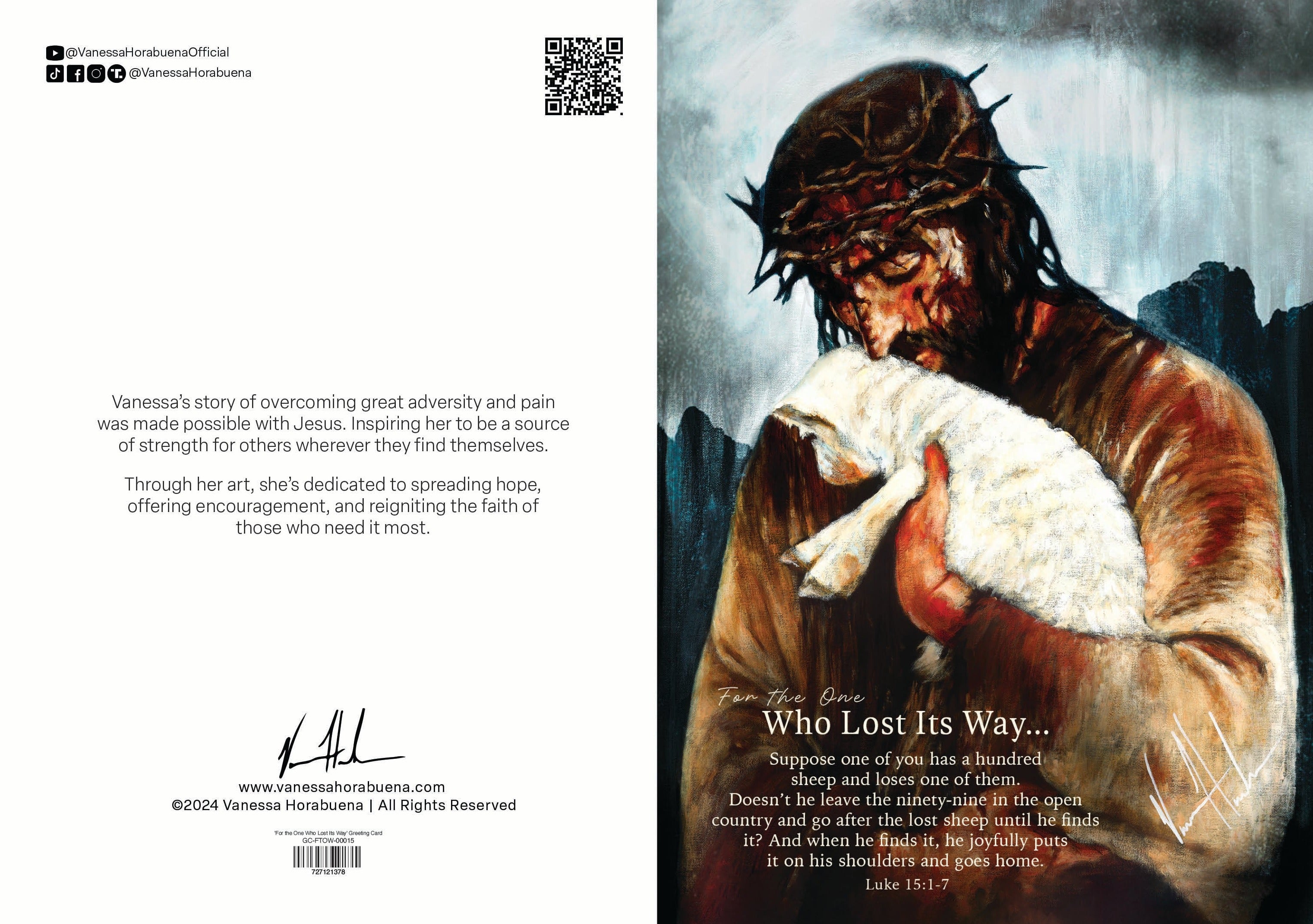 Greeting card back with QR code, barcode, and printed message text.