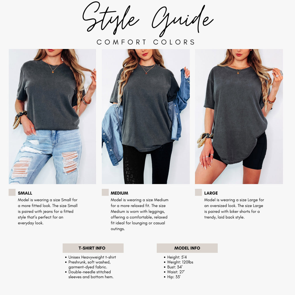 Unisex T-shirt style guide showing small, medium, and large fits in dark gray