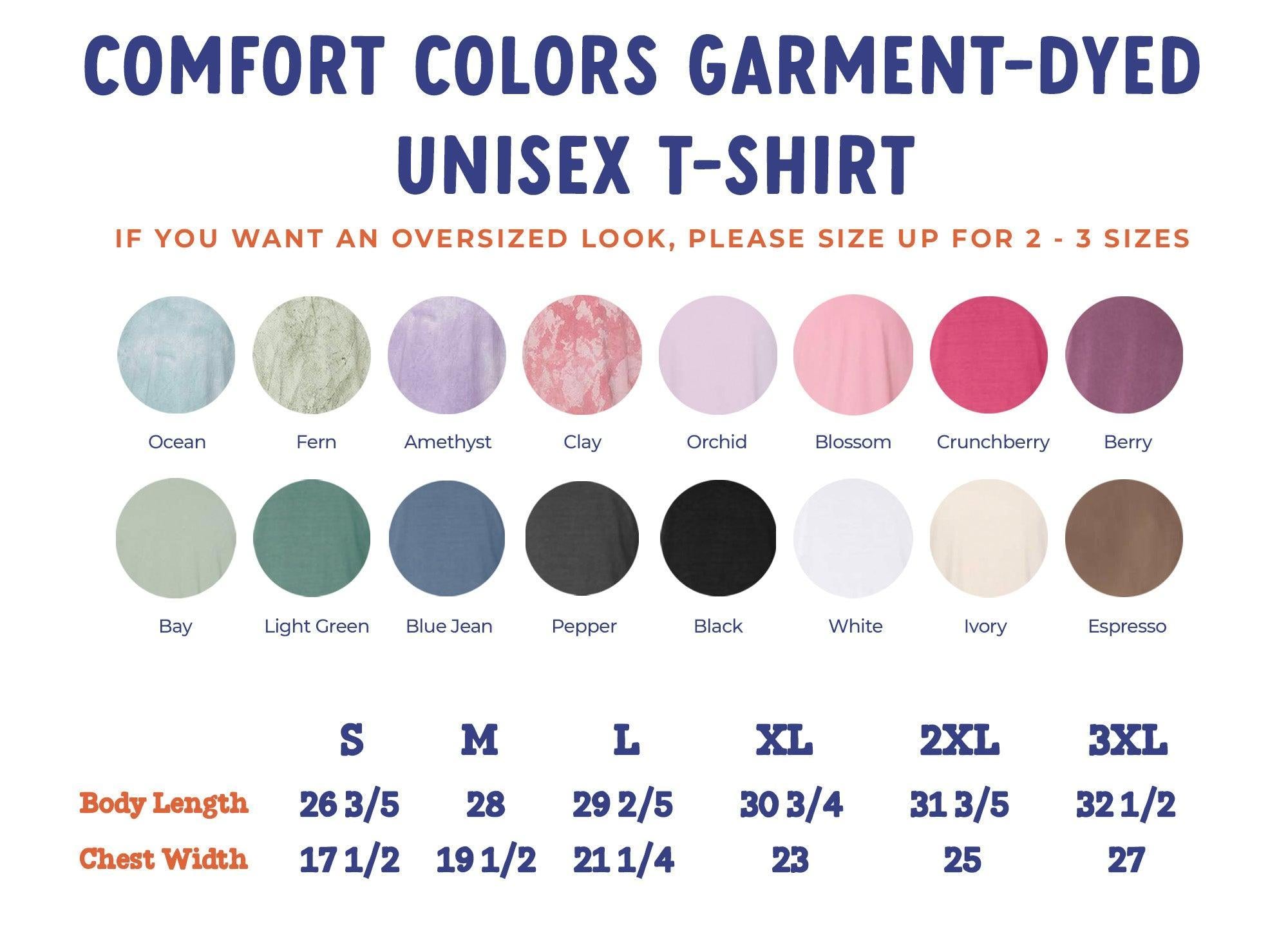 Garment-dyed unisex T-shirt size chart with color swatches and S–3XL measurements