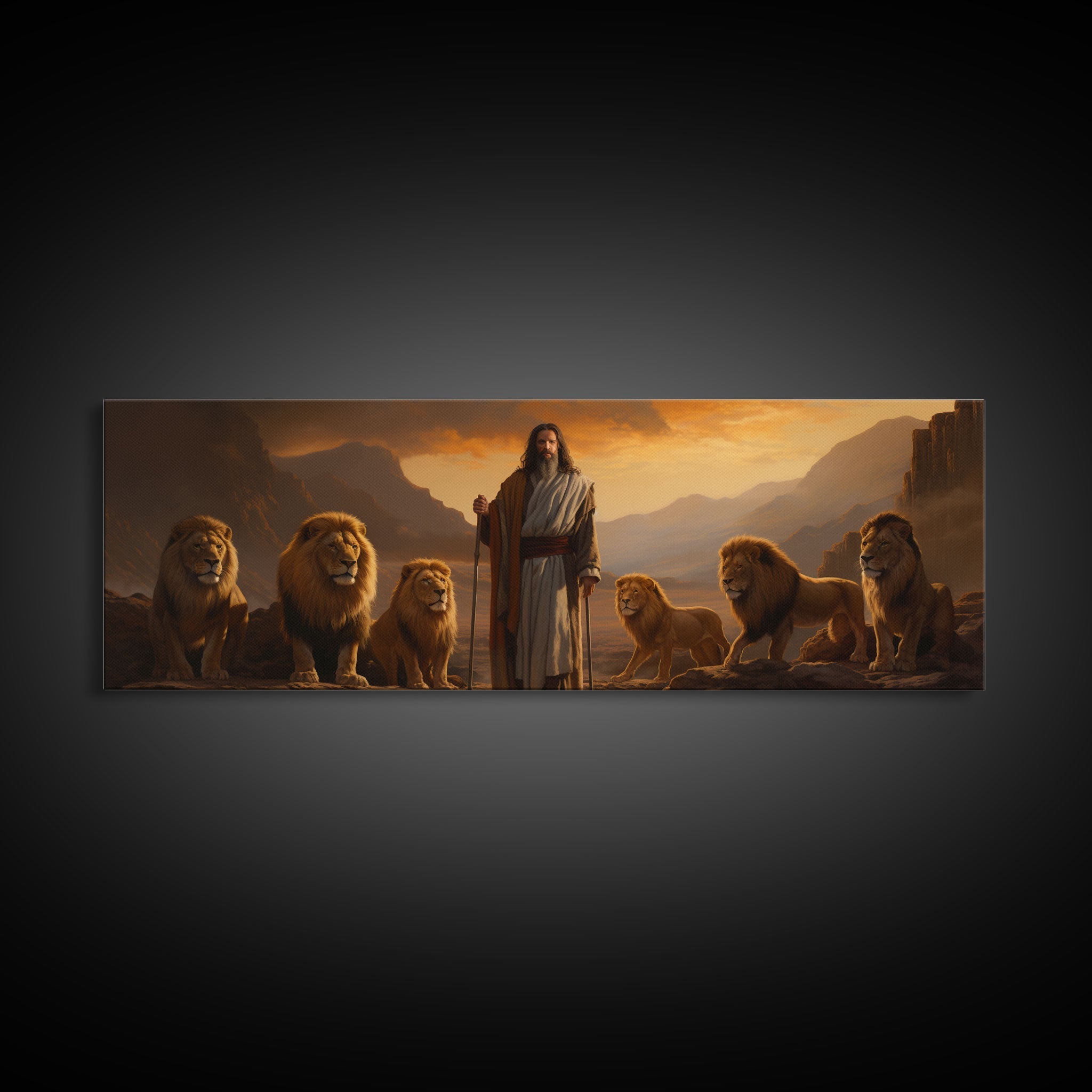 Framed canvas print of Jesus standing with lions across a wide desert landscape