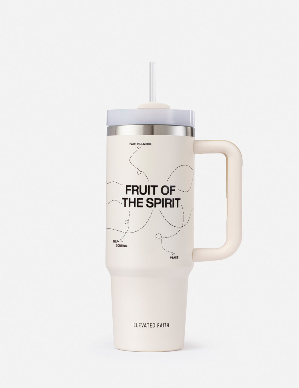 30 oz cream tumbler with lid and clear straw, white handle, 'Fruit of the Spirit' print