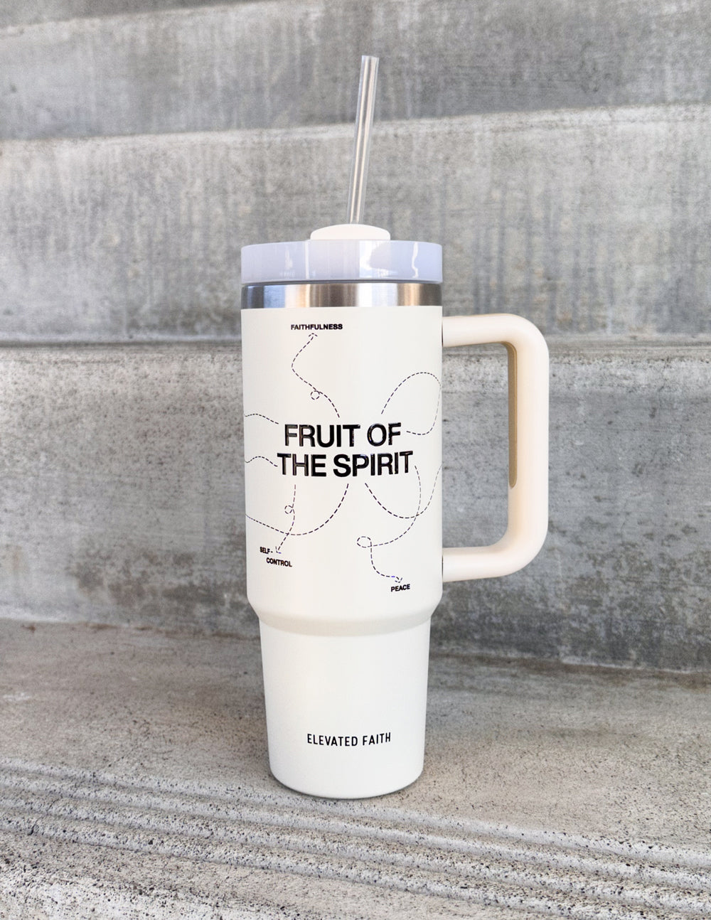 30 oz cream tumbler with clear straw, silver lid, white handle, 'Fruit of the Spirit' graphic