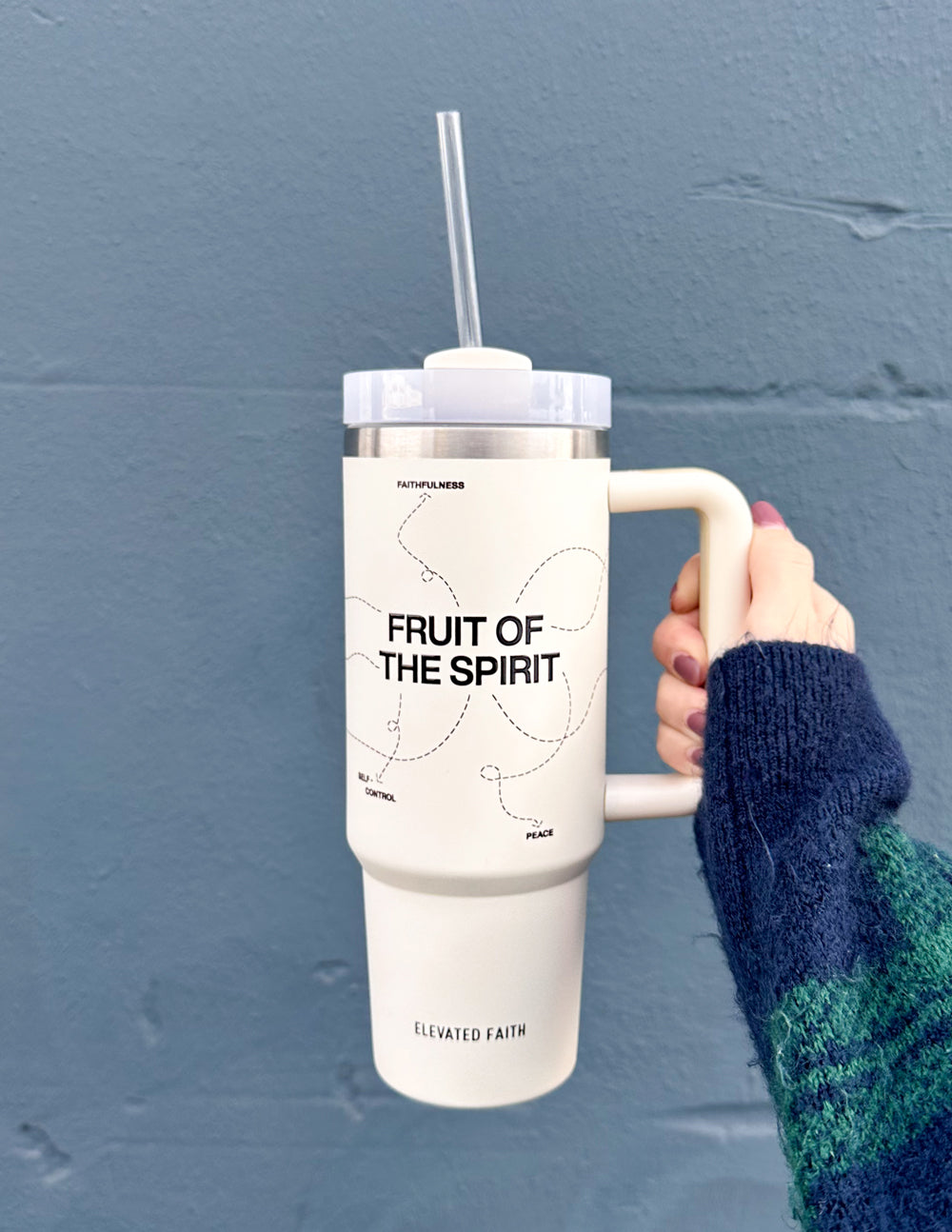 30 oz cream tumbler with lid and clear straw, white handle, 'Fruit of the Spirit' front text