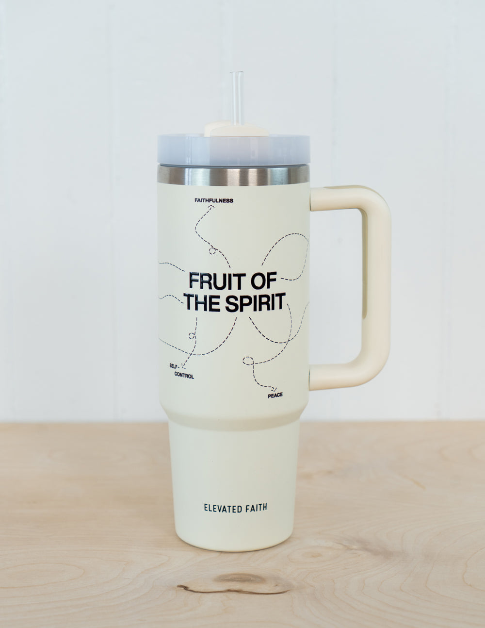 30 oz cream tumbler with clear straw and silver lid, 'Fruit of the Spirit' printed design