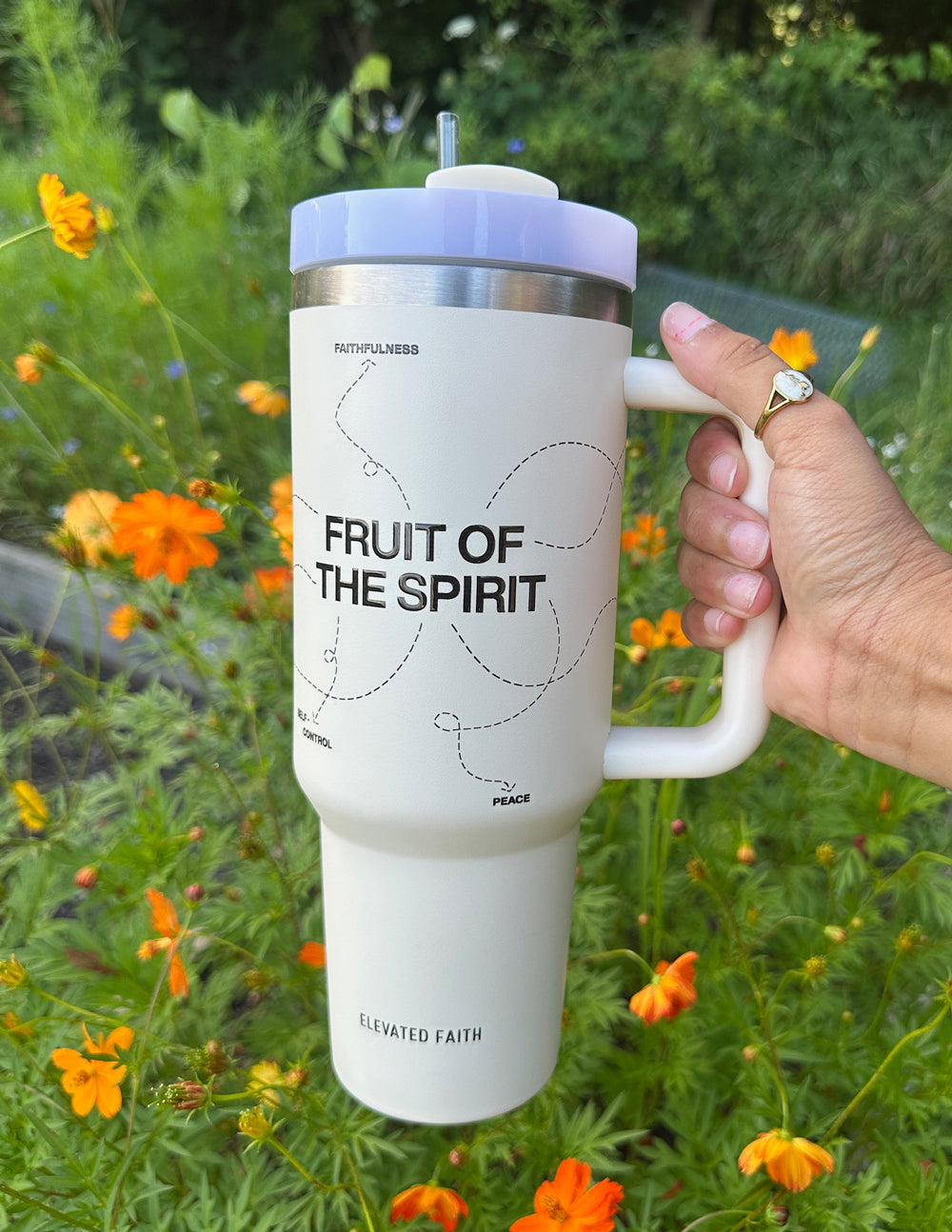 White 40 oz tumbler with straw and handle; silver lid, 'FRUIT OF THE SPIRIT' graphic